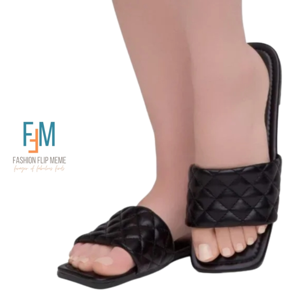 Black Quilted Faux Leather Square Toe Slides Flats Sandals 10 NWOT